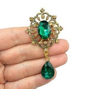Vintage Jewelry Green and Gold Tone Brooch Large Emerald Green Rhinestone Jewelr